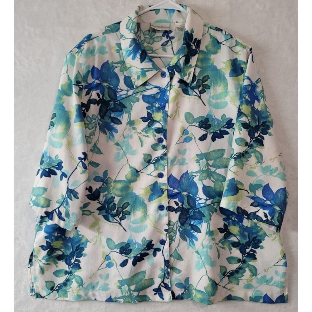 Drapers & Damons Women's 2 XL Button Front Shirt 3/4 Sleeve Abstract Foliage